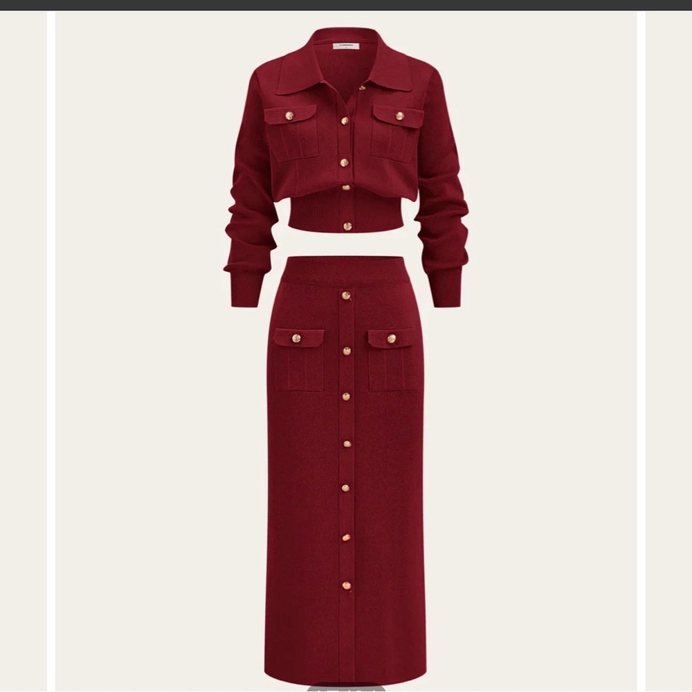 Commense Ribbed Button-Front Midi Skirt Set in Burgundy